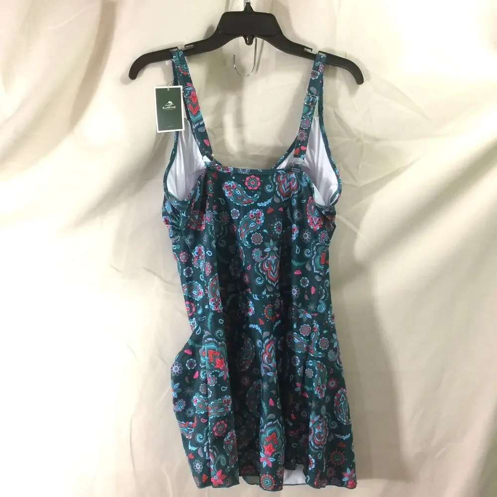 NEW Eomenie Green Paisley Swim Dress Large Adjustable Straps Built In Bra NWT - Picture 4 of 6